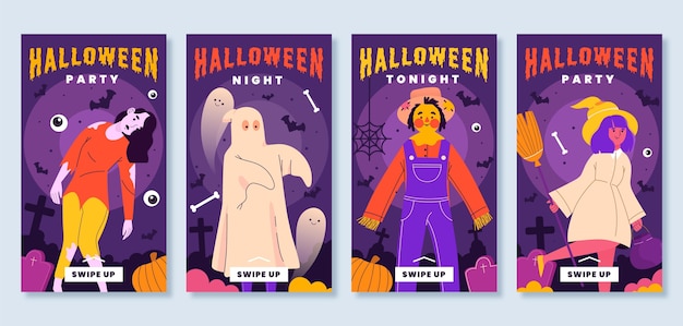 Plik wektorowy ręcznie rysowana płaska kolekcja opowiadań halloweenowych na instagramie