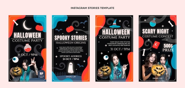 Plik wektorowy ręcznie rysowana płaska kolekcja opowiadań halloweenowych na instagramie