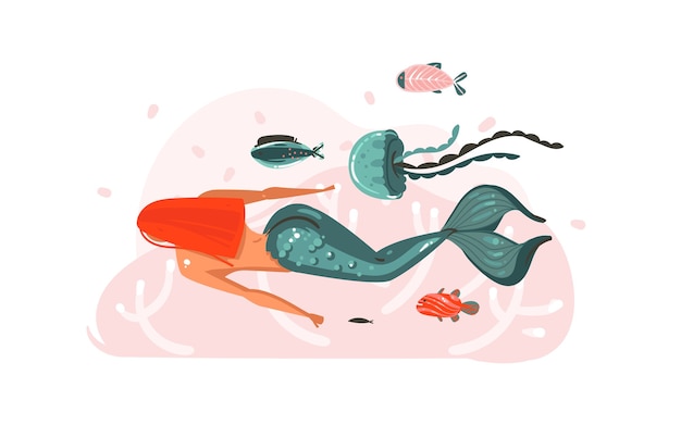 Ręcznie rysowane abstrakcyjne kreskówki podwodne ilustracje graficzne plakat z rafami koralowymi, wodorostami, rybami, meduzami i piękną pływającą syrenką na białym tle