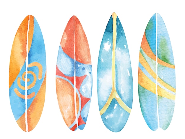 Ręcznie rysowane akwarela deska surfingowa. Witam lato. Wodne sporty ekstremalne.