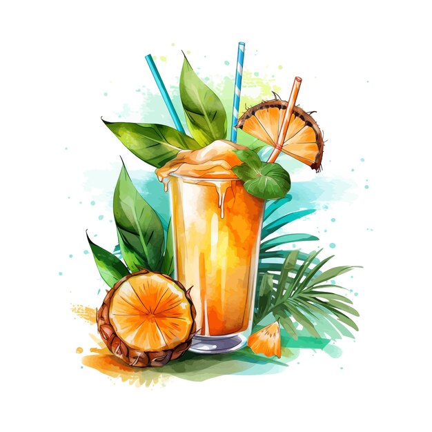 Plik wektorowy ręcznie rysowane akwarela ilustracja egzotyczny tropikalny zwrotnik koktajl pina colada kokos tequila wschód słońca pomarańczowy mięta clipart