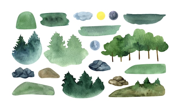 Plik wektorowy ręcznie rysowane akwarela lato niebieskie i zielone góry las i krajobraz