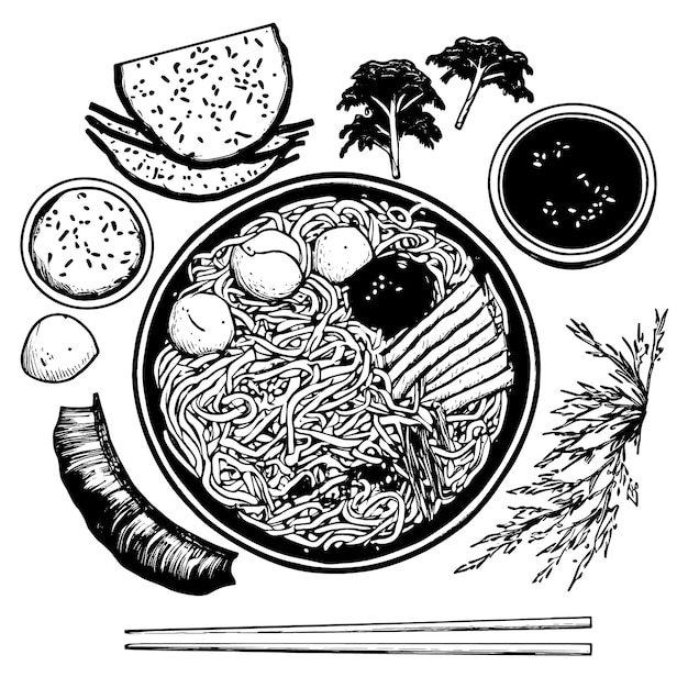 Ręcznie rysowane azjatyckie jedzenie widok z góry
