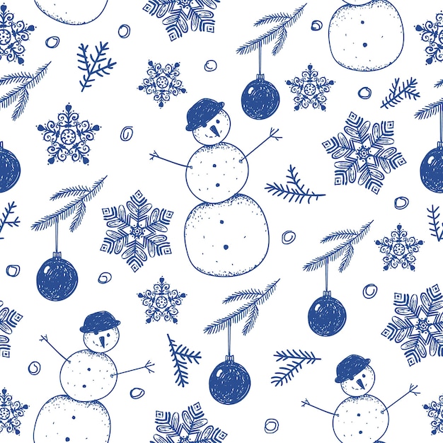 Plik wektorowy ręcznie rysowane bezszwowe zima boże narodzenie wzór, tło. płatki śniegu, bałwanki, piłka, ilustracja oddziałów