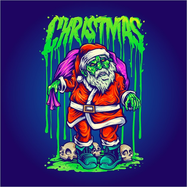 Ręcznie Rysowane Boże Narodzenie Zombie święty Mikołaj Z Czaszką Głowy Ilustracje Tła