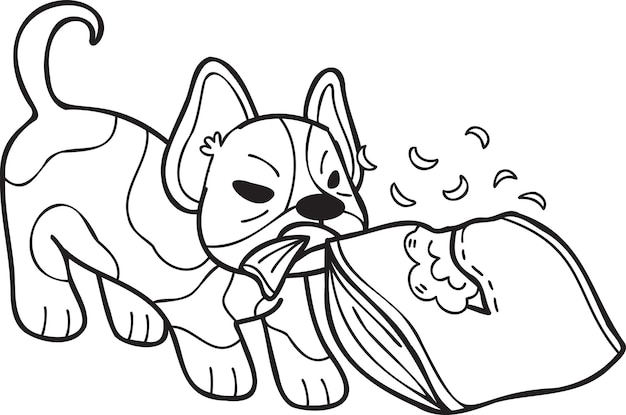 Ręcznie rysowane buldog francuski gryzienie poduszki ilustracja w stylu doodle