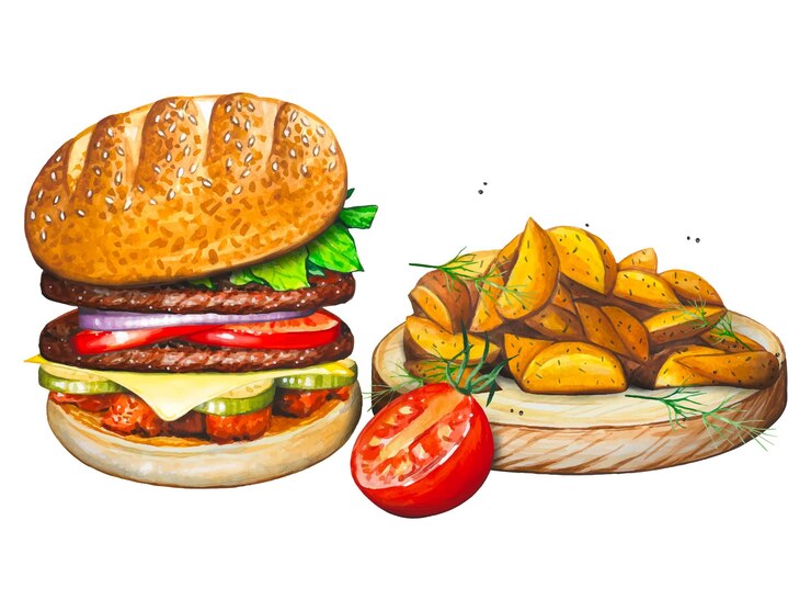 Wektor ręcznie rysowane burger rustykalne ziemniaki pomidorowe akwarela ilustracja fastfood