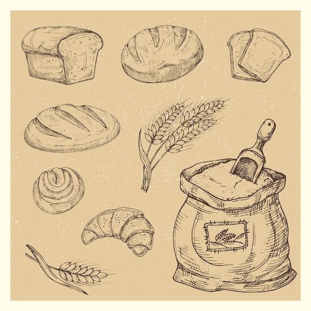 Ręcznie Rysowane Chleb, Bułki, Rogaliki, Zestaw Posiłków