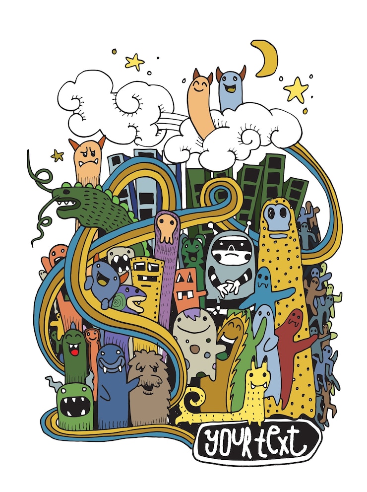 Wektor ręcznie rysowane crazy doodle monster city