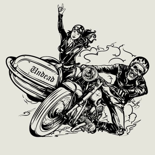 Plik wektorowy ręcznie rysowane czaszki rowerzysta jazda motocyklem vintage