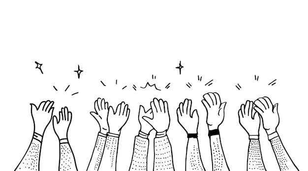 Ręcznie rysowane dłonie klaskające owacje oklaski kciuki w górę gest na ilustracji wektorowych stylu doodle