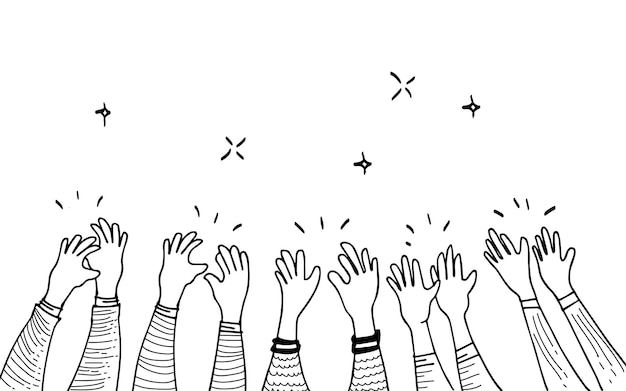 Ręcznie rysowane dłonie klaskające owacje oklaski kciuki w górę gest na ilustracji wektorowych stylu doodle