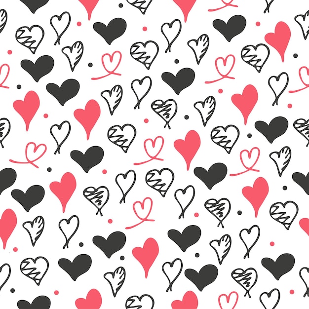 Ręcznie rysowane doodle czerwony czarny i zarys serca wzór na białym tle