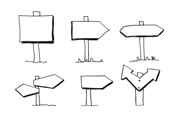 Ręcznie rysowane doodle drewniane znaki i strzałki na białym tle.