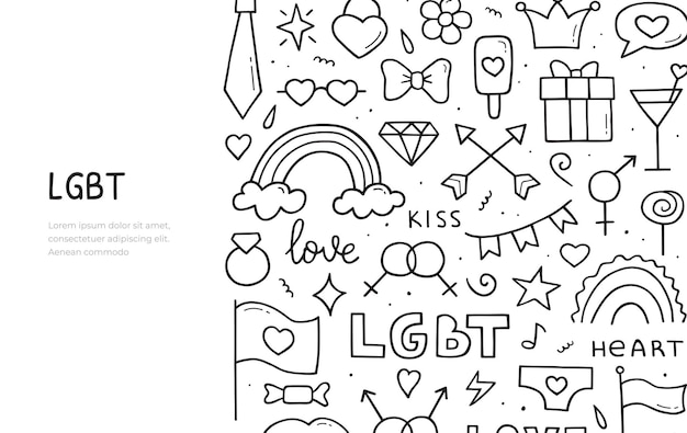 Ręcznie rysowane doodle elementów tematycznych LGBT Szablon transparentu internetowego Ilustracja wektorowa