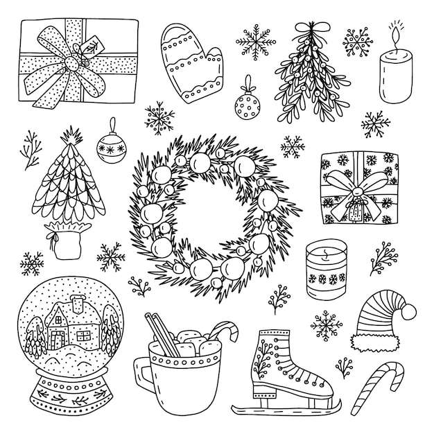 Ręcznie Rysowane Doodle Elementy świąteczne Zestaw Wektor Kolorowanki Strona Doodle Boże Narodzenie Obgects Wieniec śnieżka łyżwy I Pudełko