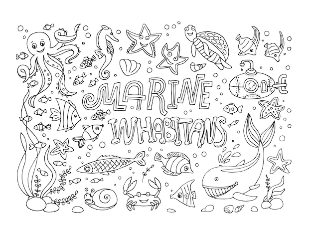 Ręcznie Rysowane Doodle Styl Zestaw Ilustracji Wektorowych Mieszkańców Morskich