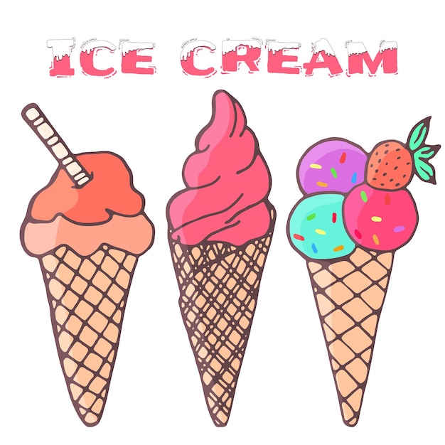 Ręcznie rysowane doodle szkic zestaw kolorowych lodów róg, rożek waflowy, truskawka. Lato słodki ilustracja na białym tle. Wektor ikona dla karty z pozdrowieniami, zaproszenie, przepis, naklejki