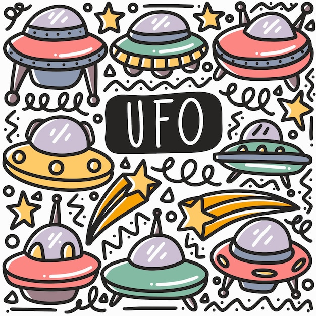 Ręcznie Rysowane Doodle Ufo Zestaw Z Ikonami I Elementami Projektu