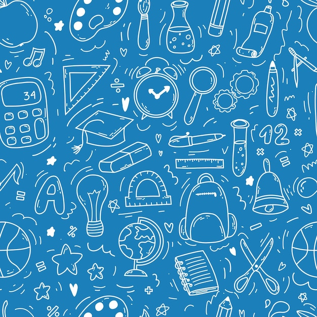 Ręcznie rysowane doodle wzór z ikonami szkolnymi na niebieskim tle Ilustracja wektorowa dostaw z powrotem do koncepcji szkoły do drukowania stron internetowych i papeterii do projektowania tekstyliów