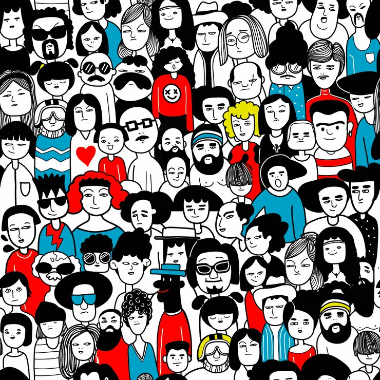 Wektor ręcznie rysowane doodle zestaw twarzy ludzidekoracyjne różnorodne kobiece męskie głowy bezszwowe tło wzór