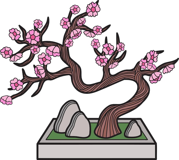 Ręcznie Rysowane Drzewo Bonsai Z Ilustracjami Kamieni