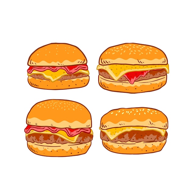 Plik wektorowy ręcznie rysowane duży burger doodle kolekcja ilustracji