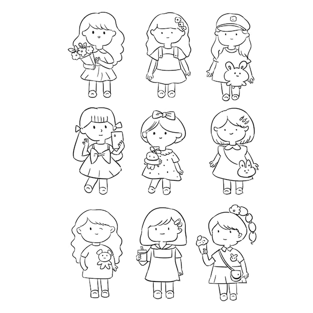Ręcznie rysowane dziewczyny z kreskówek Vector Line Art Illustartion