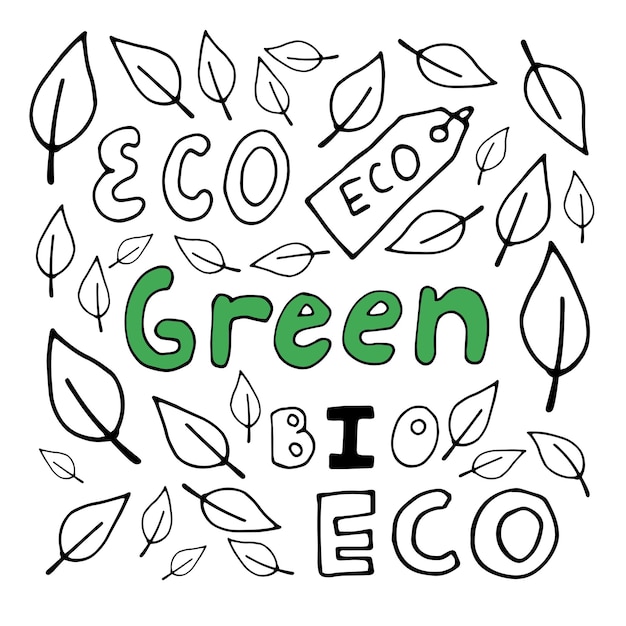 Plik wektorowy ręcznie rysowane ekologia doodle napis z liśćmi, ilustracji wektorowych o problemach środowiskowych. zestaw elementów szkicu do projektowania graficznego i internetowego.