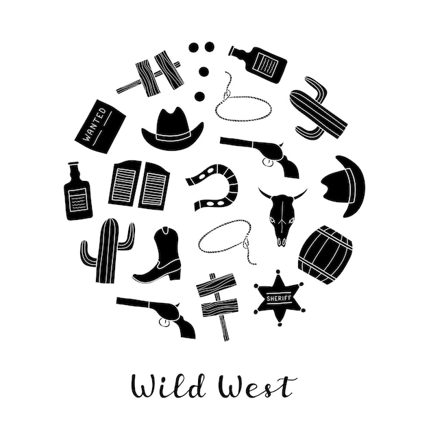Ręcznie Rysowane Elementy Dzikiego Zachodu W Kole