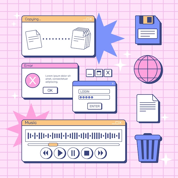 Ręcznie rysowane elementy systemu Windows komputera retro