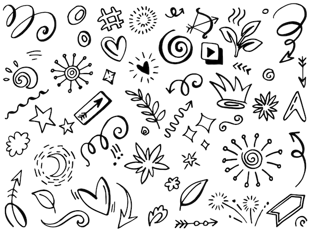 Ręcznie rysowane elementy zestawuStreszczenie wstążki ze strzałkami i inne elementy w ręcznie rysowane stylu do projektowania koncepcyjnego Ilustracja wektorowa Doodle