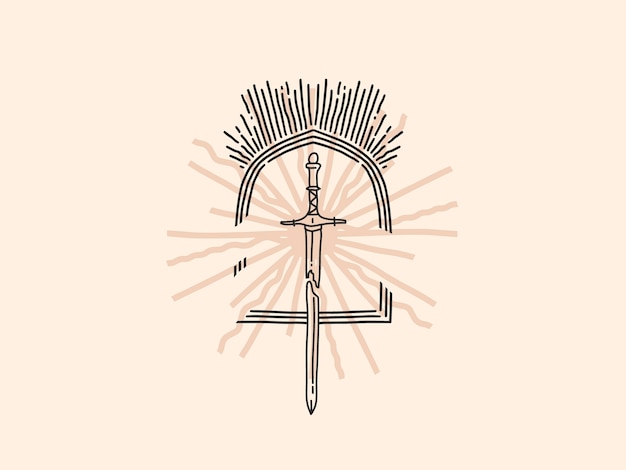 Plik wektorowy ręcznie rysowane estetyczne logo, miecz i łuk, magiczna grafika liniowa w prostym stylu.