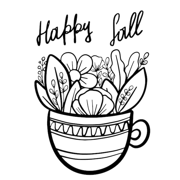 Ręcznie rysowane filiżanka kawy z kwiatami Ilustracja wektorowa kwiatowy doodle botaniczna Kolorowanka Happy fall