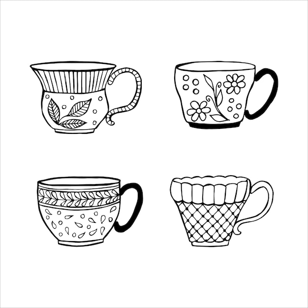 Ręcznie rysowane filiżanki herbaty lub kawy doodle lub szkic płaski obraz
