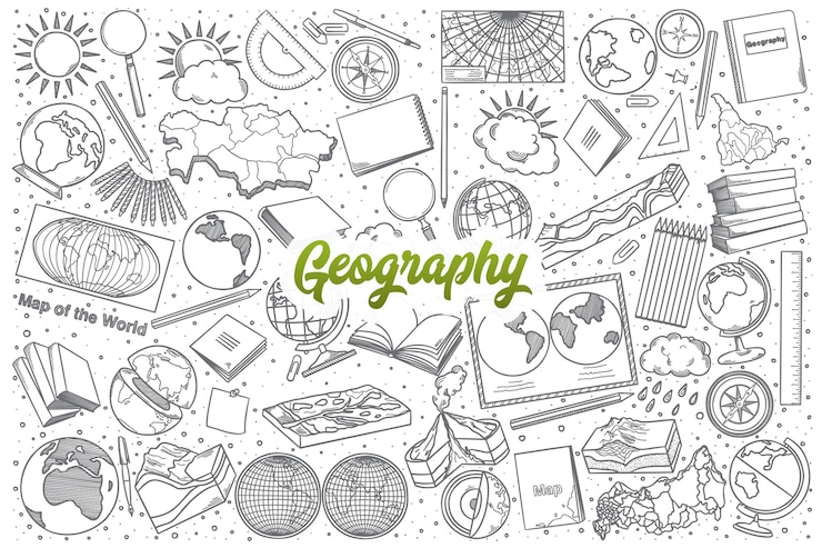 Wektor ręcznie rysowane geografia doodle ustawić tło z zielonym napisem