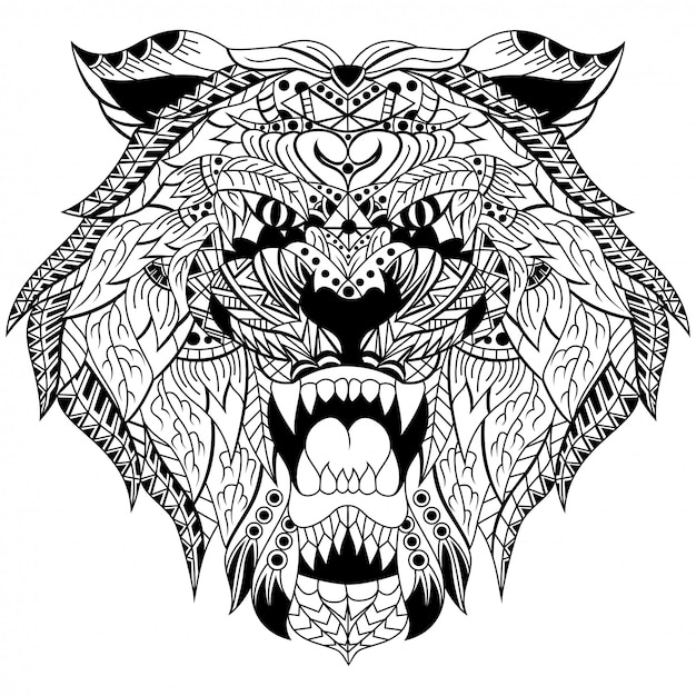 Ręcznie rysowane głowy tygrysa w stylu zentangle