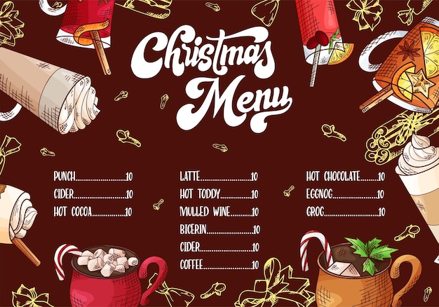 Ręcznie rysowane gorące napoje Menu Boże Narodzenie projekt Szablon z pędzlem Styl szkic zimowy ilustracja wektorowa