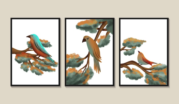 Ręcznie rysowane grafiki ścienne obejmują kolekcję ptaków