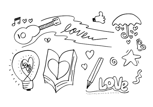 Ręcznie rysowane gryzmoły ustawione na walentynkową kolekcję pięknych serc i pism ilustracji wektorowych miłości