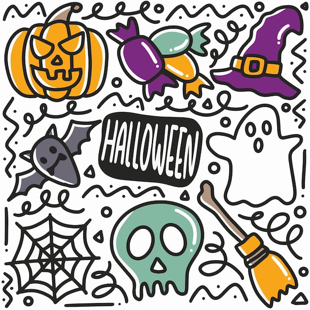 Ręcznie Rysowane Halloween Party Doodle Zestaw Z Ikonami I Elementami Projektu