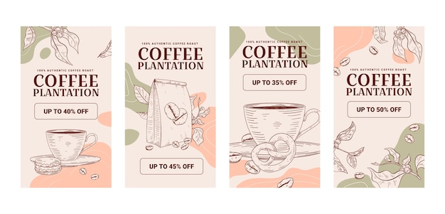 Plik wektorowy ręcznie rysowane historie na instagramie o plantacji kawy