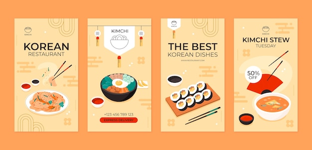 Plik wektorowy ręcznie rysowane historie o koreańskiej restauracji na instagramie
