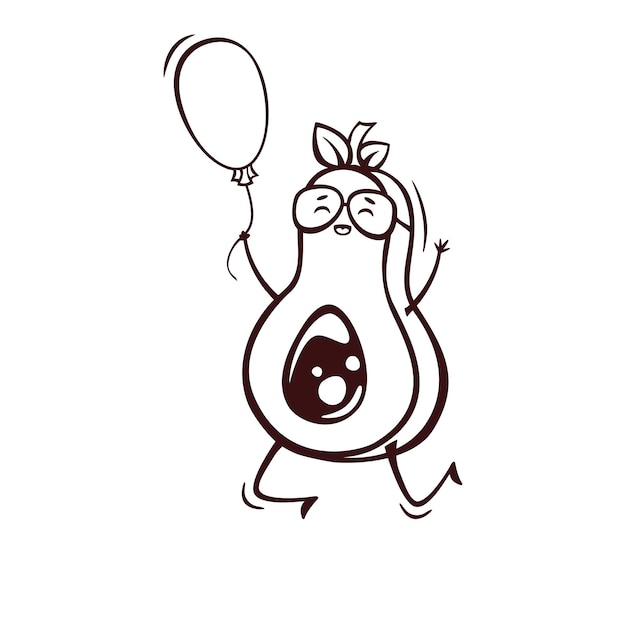 Ręcznie rysowane ikona słodkiego kawaii awokado w tęczowych okularach z balonem w stylu doodle Słodkie awokado