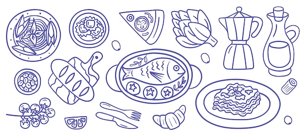 Ręcznie rysowane ikony kuchni włoskiej w stylu atramentu z lasagne, ravioli, rybami, warzywami, winem i klasycznym naczyniem stołowym Doskonałe do opakowania menu, blogów kulinarnych i projektów gastronomicznych