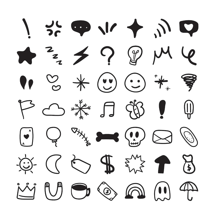 Wektor ręcznie rysowane ikony symbolu emoji black takie jak gwiazdy serca srebrna korona słońce
