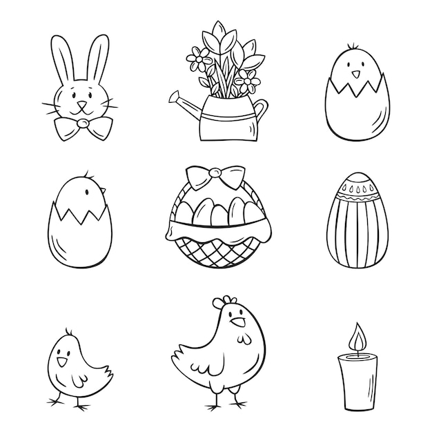 Ręcznie Rysowane Ikony Zestaw Elementów Wielkanocnych W Stylu Szkicu Doodle