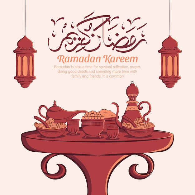 Ręcznie rysowane ilustracja celebracji partii Ramadan Kareem Iftar. Islamski Święty Miesiąc (Ramadan Mubarak).