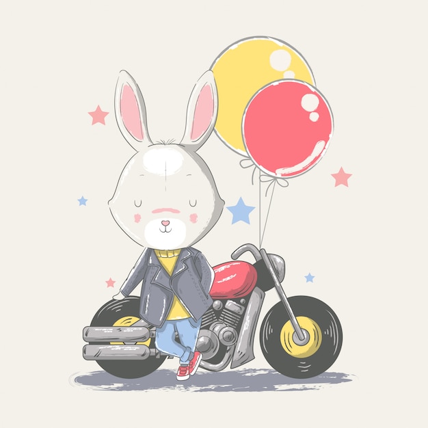 Ręcznie Rysowane Ilustracja Cute Króliczek Z Motocyklem.