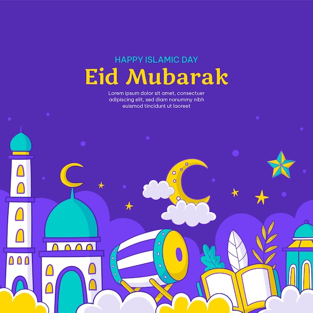 Ręcznie Rysowane Ilustracja Eid Mubarak Lub Dzień Islamski